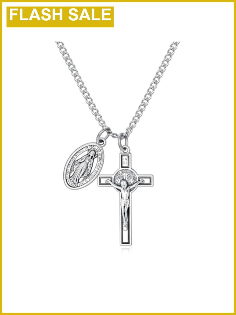 Men's Crucifix Cross Miraculous Medal Pendant Necklace 24" Stainless Steel Chain